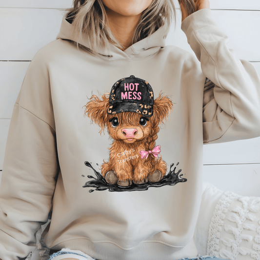 Hot Mess Highland Cow DTF Transfer | Cute Cow Wearing Hat with Bow | Funny Mama Boutique Heat Transfer