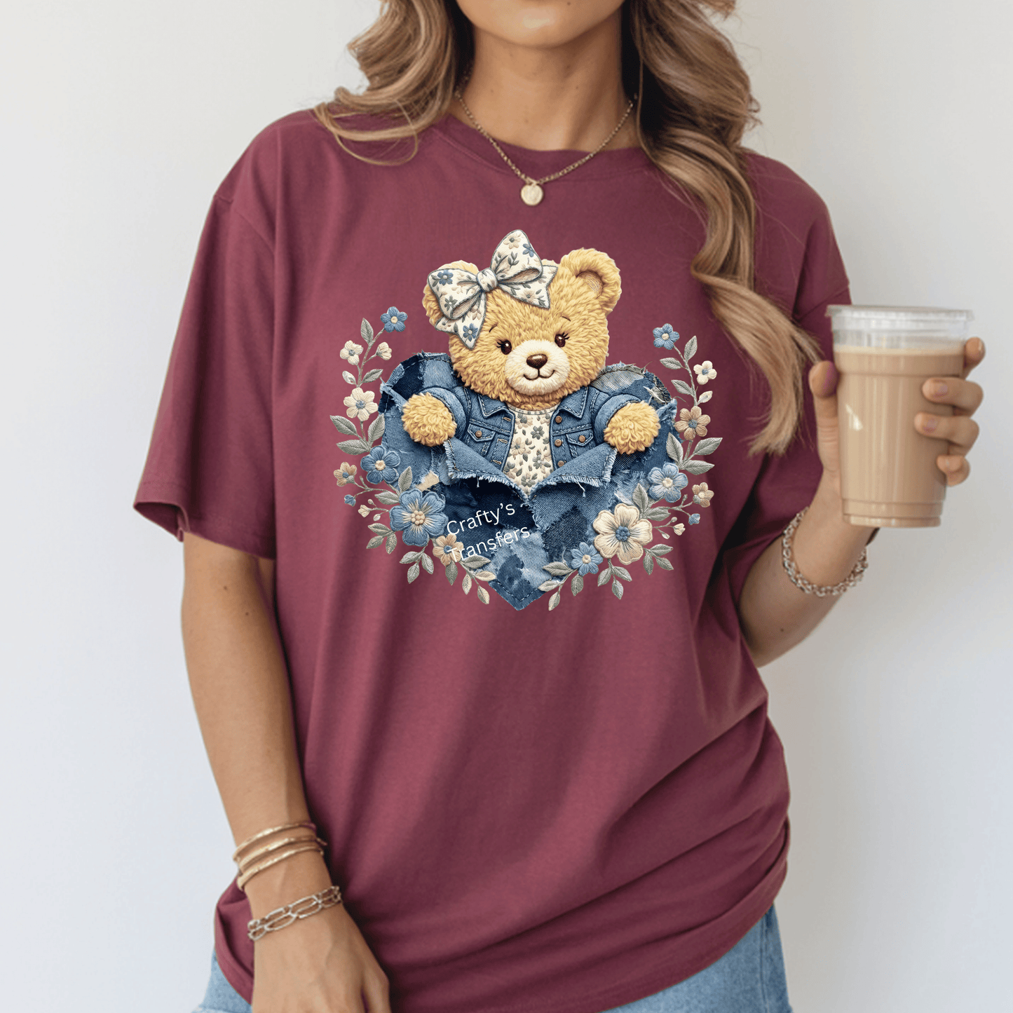 Denim Bear DTF Transfer | Teddy Bear in Jean Jacket with Floral Bow | Boutique Mama & Kids Heat Transfer