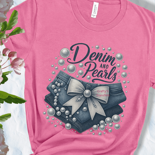 Denim and Pearls DTF Transfer | Girly Western Jean Bow Heat Transfer | Boutique Shirt Design