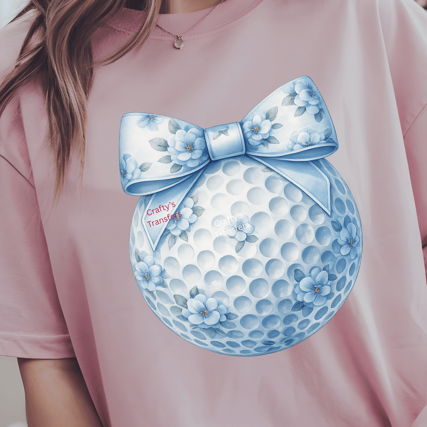 Blue Floral Golf Ball Bow DTF Transfer | Preppy Golf Shirt Transfer | Ready-to-Press Coquette Heat Transfer
