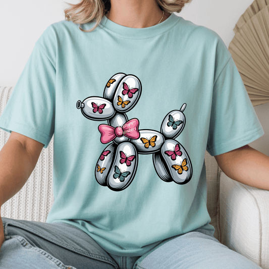 Butterfly Balloon Dog DTF Transfer | Whimsical Puppy Bow Shirt Transfer | Ready-to-Press Boutique Heat Transfer