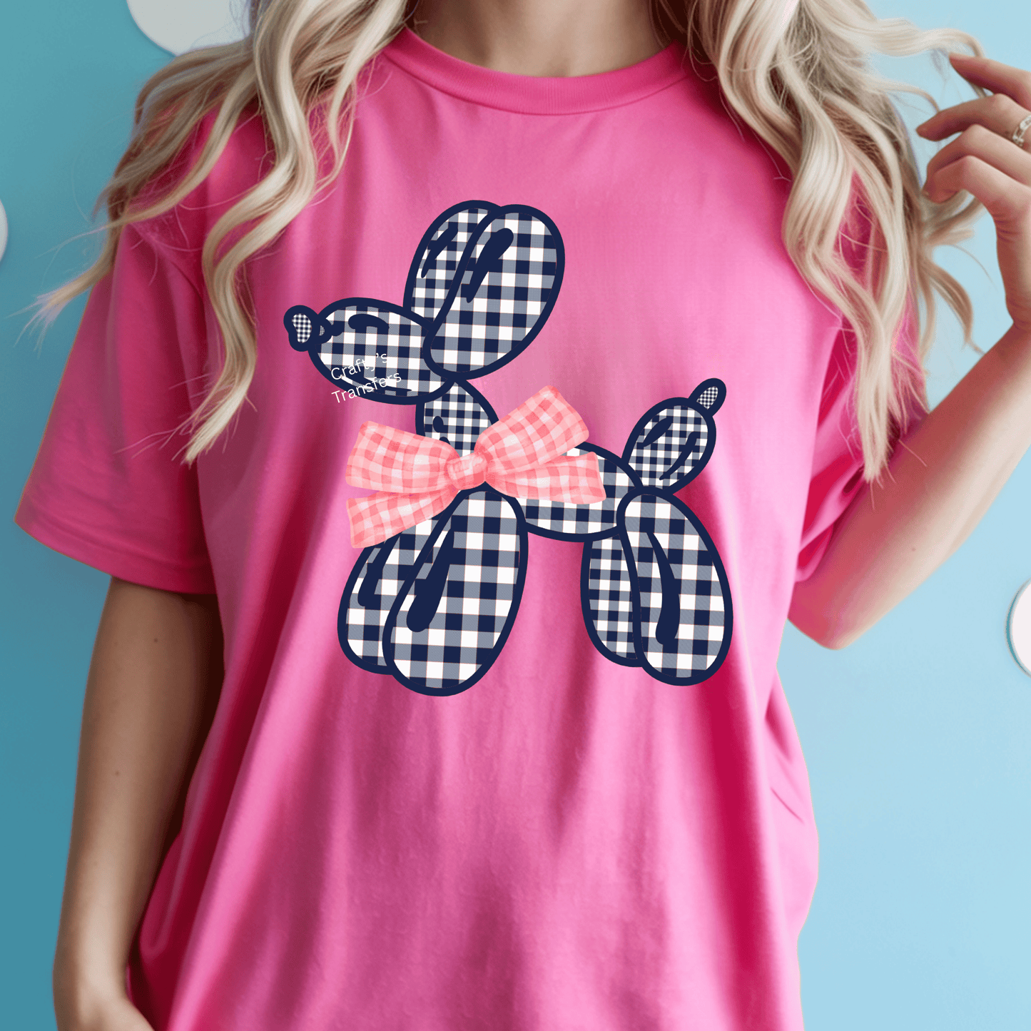Blue Gingham Balloon Dog DTF Transfer | Preppy Puppy Bow Shirt Transfer | Ready-to-Press Boutique Heat Transfer