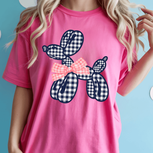 Blue Gingham Balloon Dog DTF Transfer | Preppy Puppy Bow Shirt Transfer | Ready-to-Press Boutique Heat Transfer