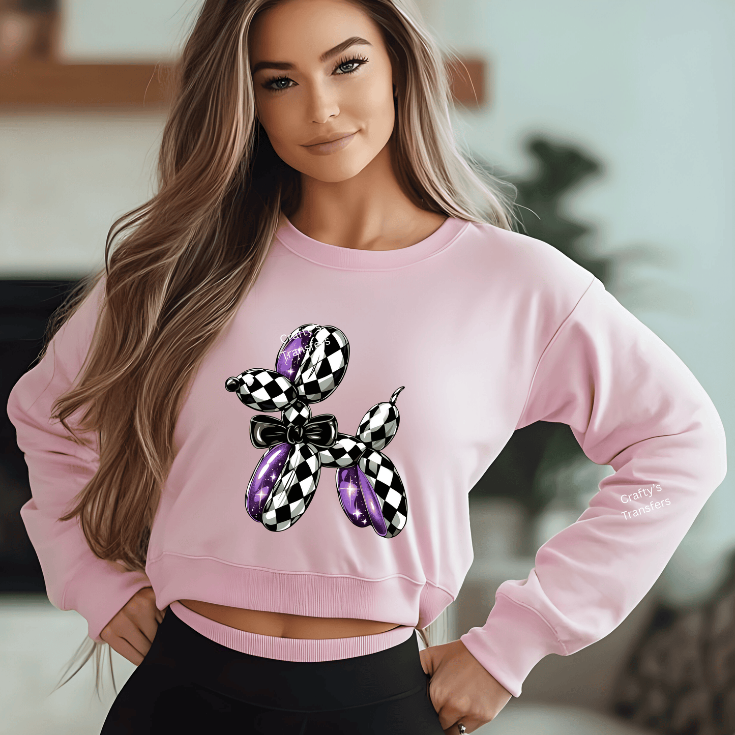 Black White Checker Balloon Dog DTF Transfer | Purple Glitter Puppy Bow Shirt Transfer | Ready-to-Press Boutique Heat Transfer