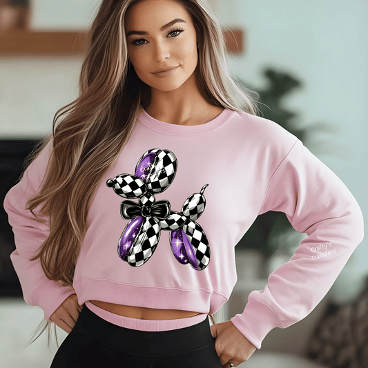 Black White Checker Balloon Dog DTF Transfer | Purple Glitter Puppy Bow Shirt Transfer | Ready-to-Press Boutique Heat Transfer