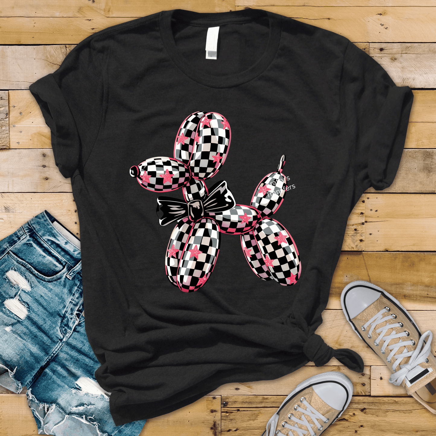 Pink Star Checker Balloon Dog DTF Transfer | Black White Checkered Puppy Bow Shirt | Ready-to-Press Boutique Heat Transfer