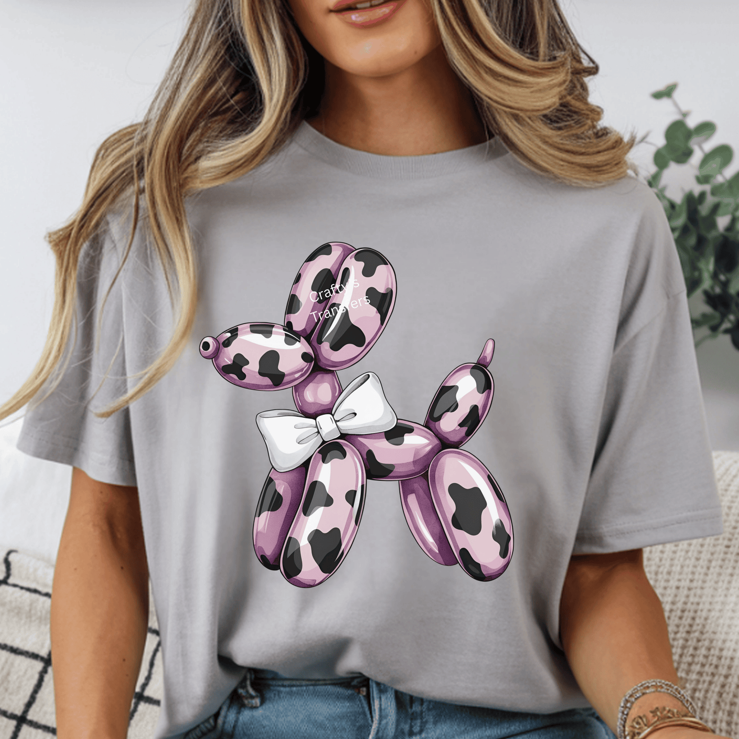Pink & Black Cow Print Balloon Dog DTF Transfer | Cute Western Cowhide Heat Transfer for Shirts