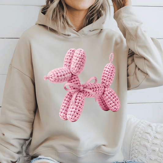 Pink Faux Yarn Balloon Dog DTF Transfer | Cozy Crochet Style Heat Transfer for Shirts & Sweatshirts