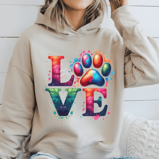 Love Paw Print DTF Transfer | Colorful Dog Lover Faux Fur Heat Transfer for Shirts & Sweatshirts