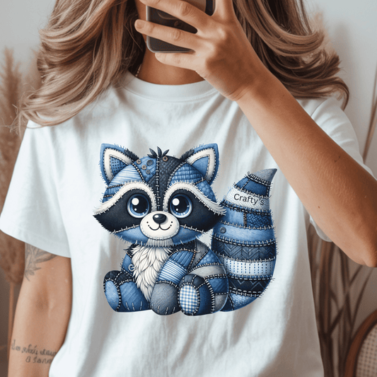 Denim Patchwork Raccoon DTF Transfer | Cute Raccoon Shirt Transfer | Blue Denim Animal DTF Print