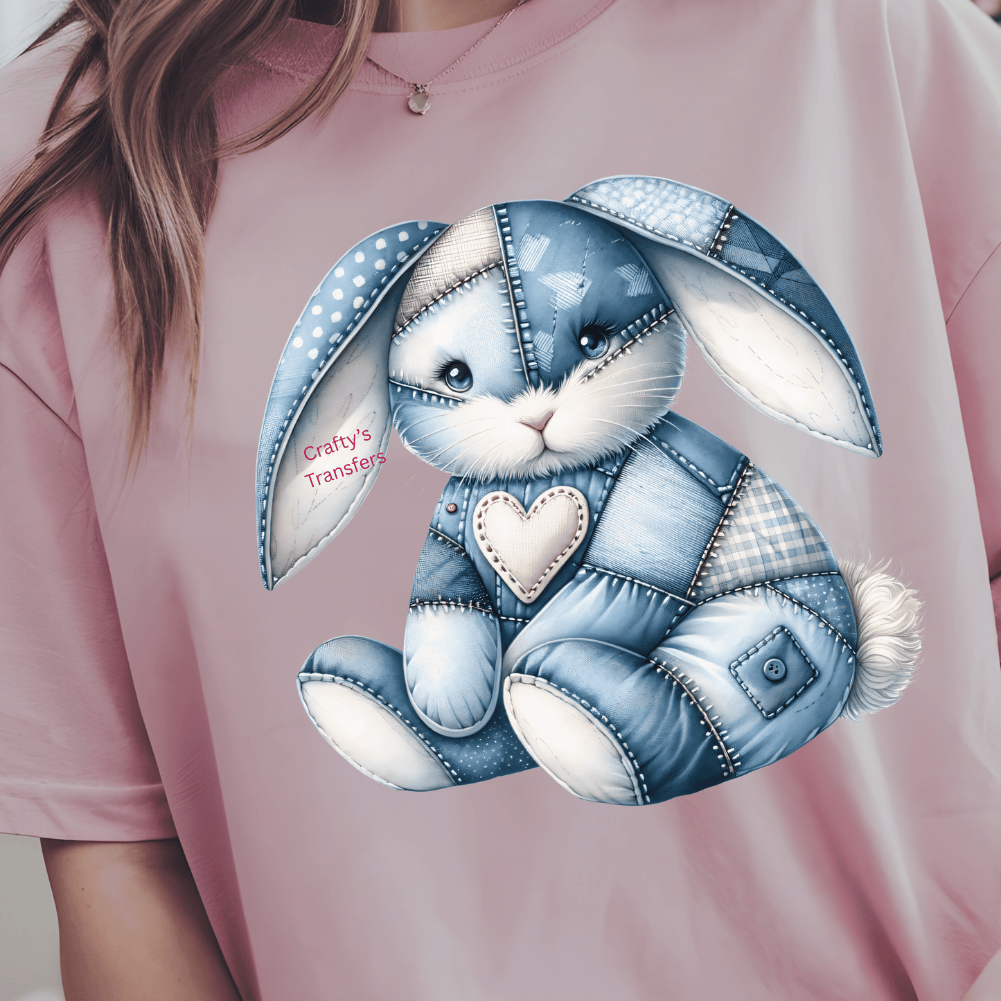 Denim Patchwork Bunny DTF Transfer | Cute Blue Bunny Shirt Transfer | Kids Easter Bunny DTF Print