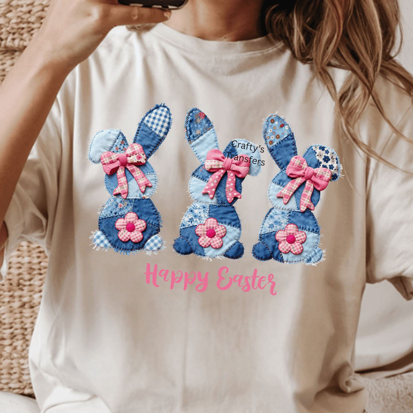 Happy Easter Denim Bunny DTF Transfer | Patchwork Bunny Shirt Transfer | Easter Kids DTF Print
