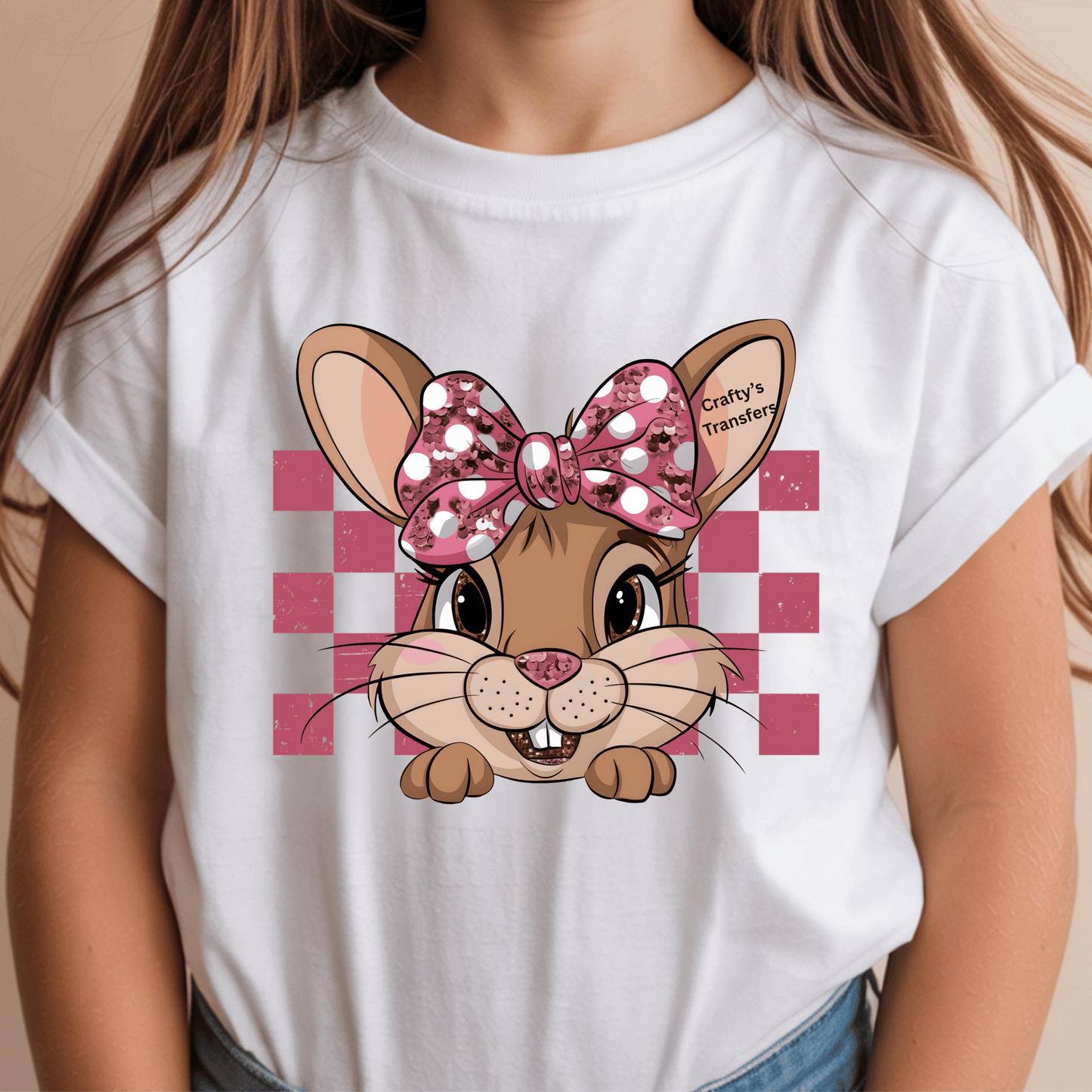 Pink Gingham Bunny DTF Transfer | Cute Easter Bunny with Sequin Bow | Girl Bunny Shirt Transfer