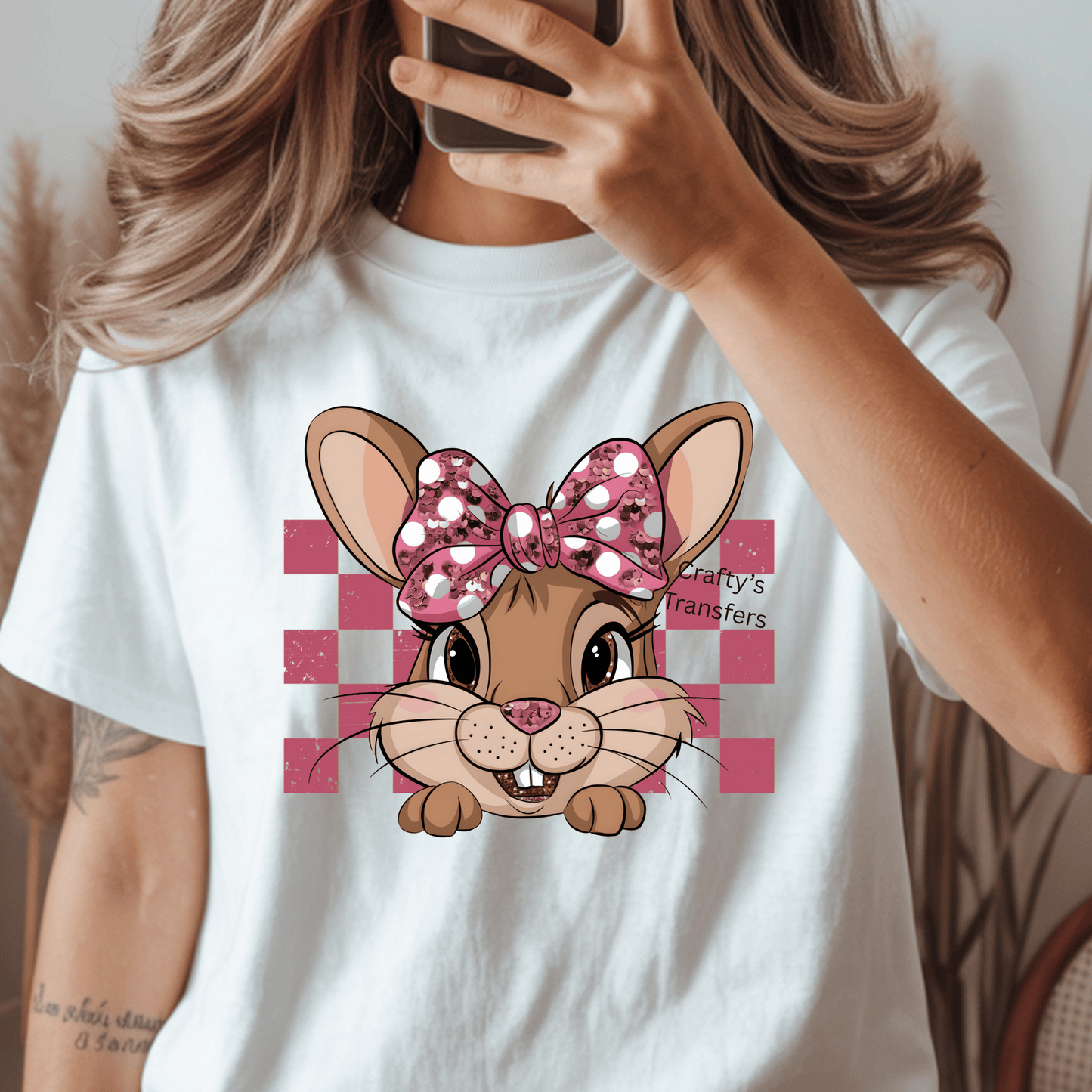 Pink Gingham Bunny DTF Transfer | Cute Easter Bunny with Sequin Bow | Girl Bunny Shirt Transfer