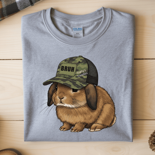 Bruh Bunny DTF Transfer | Funny Easter Bunny with Camo Hat | Trendy Rabbit Shirt Design