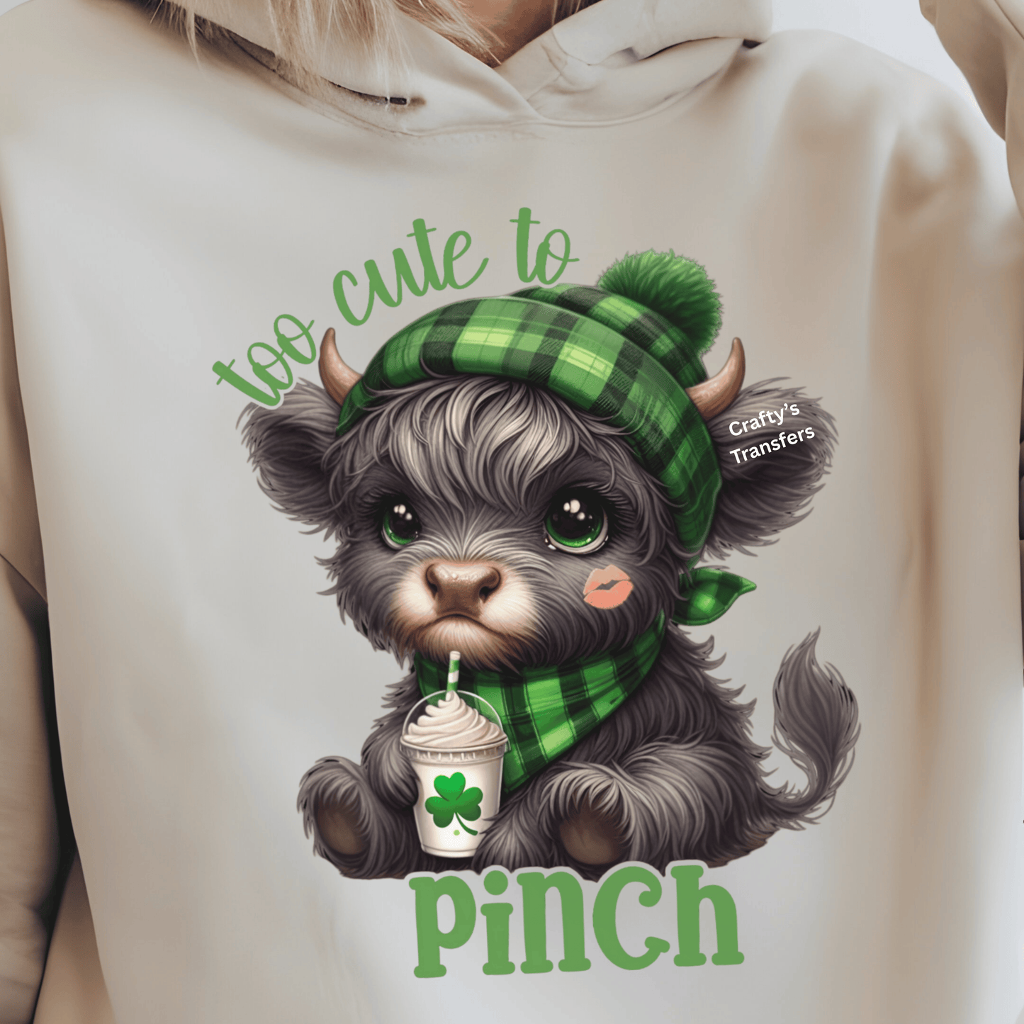Too Cute to Pinch DTF Transfer | St Patrick’s Day Highland Cow | Cute Shamrock Cow Shirt Design