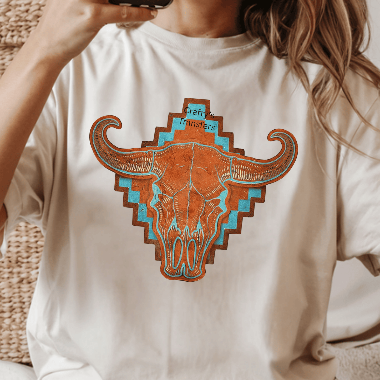 Southwestern Steer Skull DTF Transfer | Turquoise Aztec Western Cow Skull Shirt Design