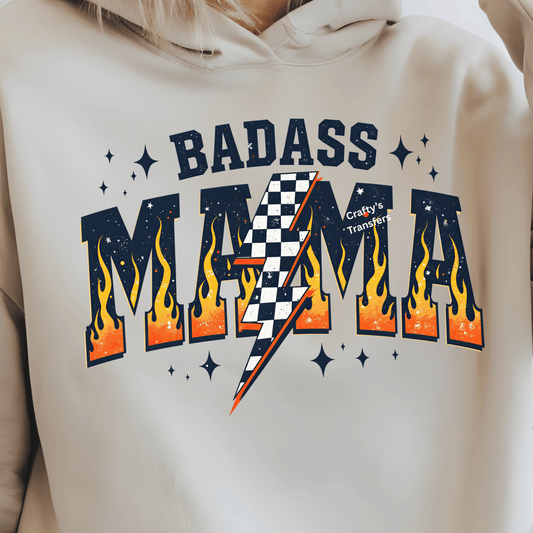Badass Mama DTF Transfer | Racing Mama Lightning Bolt Design | Ready to Press Heat Transfer