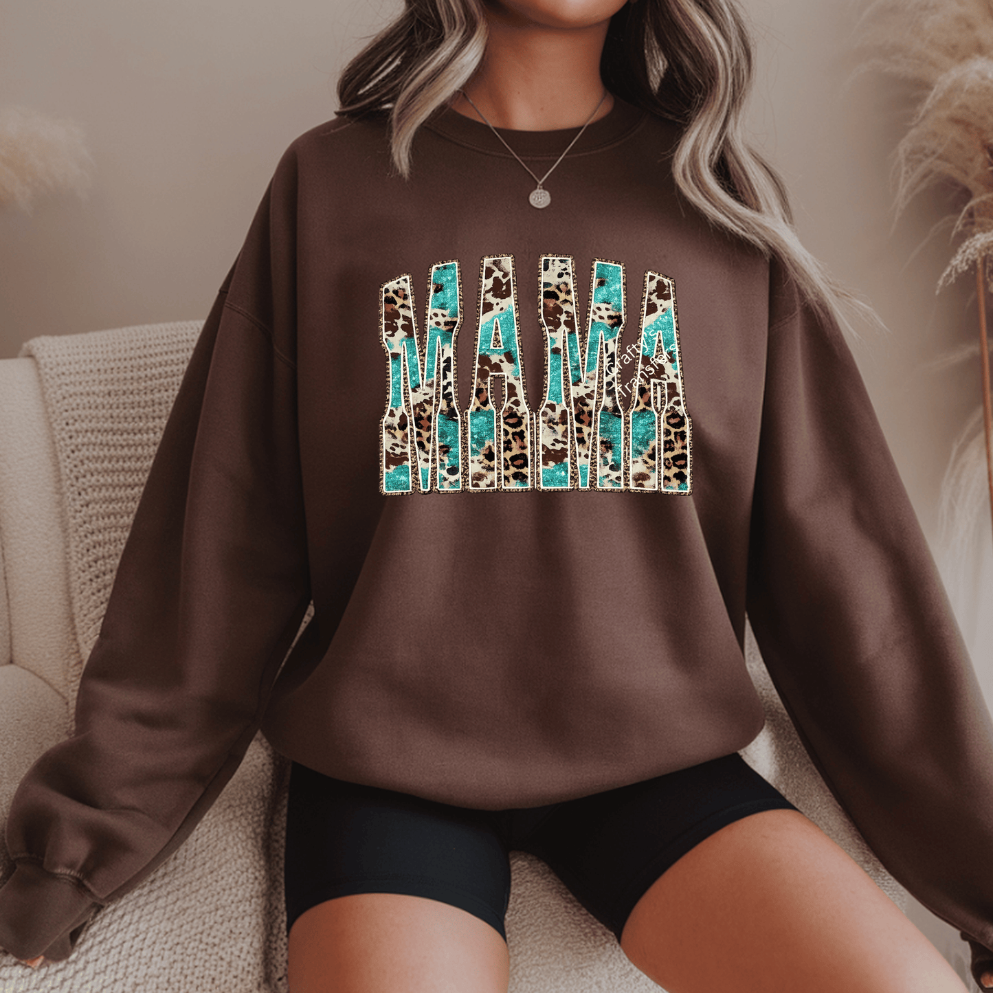 Western Teal Cowhide Mama Mimi Nana DTF Transfer | Leopard & Turquoise Block Letter Heat Transfer | Ready to Press