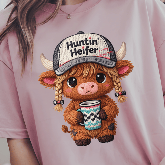 Huntin’ Heifer DTF Transfer | Cute Highland Cow Coffee Graphic | Ready to Press Heat Transfer