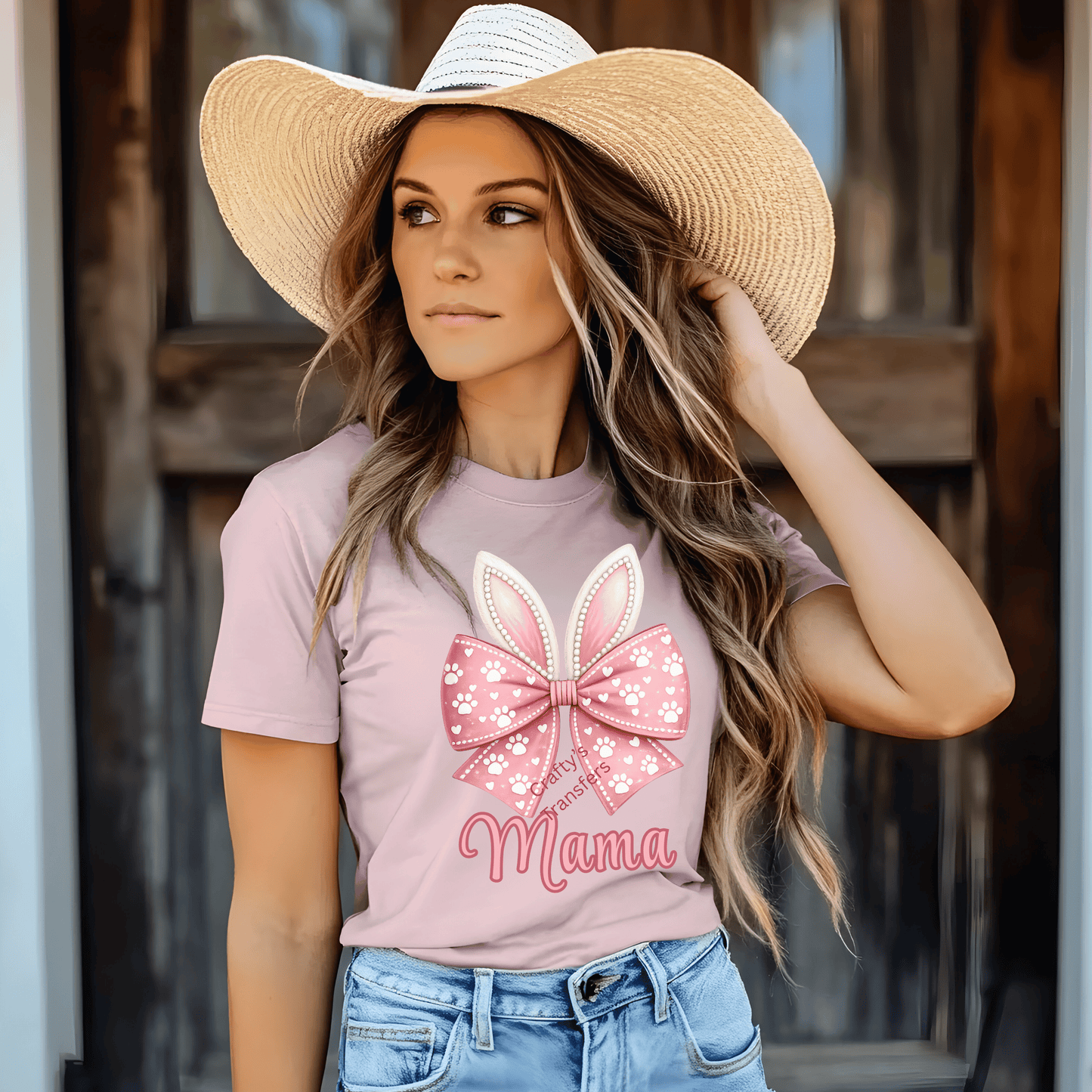 Mama Bunny Bow DTF Transfer | Pink Easter Bunny Ears Shirt Design | Ready to Press Heat Transfer