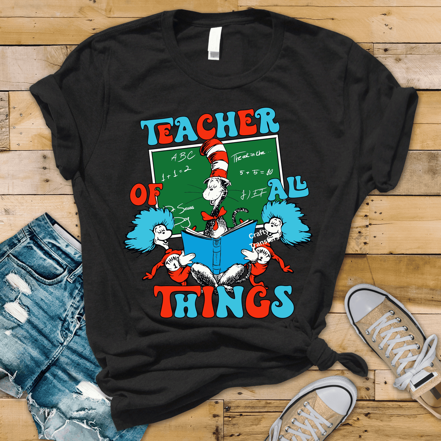 Teacher of All Things DTF Transfer – Reading Week School Shirt Design – Book Character Inspired Classroom Graphic – Red Blue Teacher Print