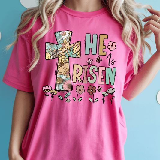 He Is Risen DTF Transfer – Floral Cross Christian Easter Design – Pastel Faith Spring Shirt Graphic