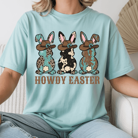 Howdy Easter DTF Transfer – Western Bunny Trio with Cow Print, Leopard & Turquoise – Rustic Spring Shirt Graphic