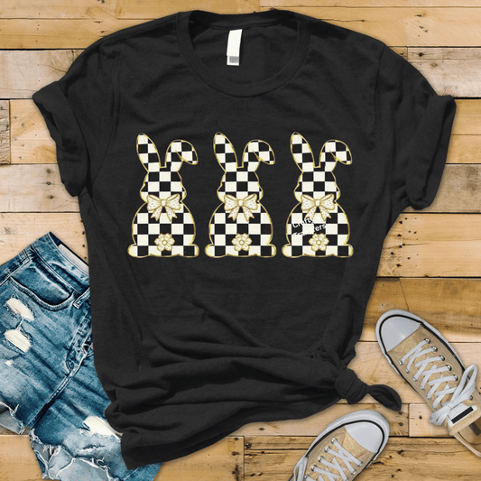 Checkered Bunny Trio DTF Transfer – Black and White Plaid Easter Rabbits with Gold Bow – Trendy Spring Shirt Graphic