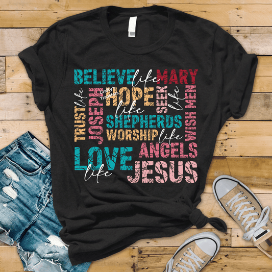 Believe Mary See Shepherds Angels Jesus DTF Transfer | Christian Easter Collage Shirt Design | Faith Word Art Graphic Tee Transfer