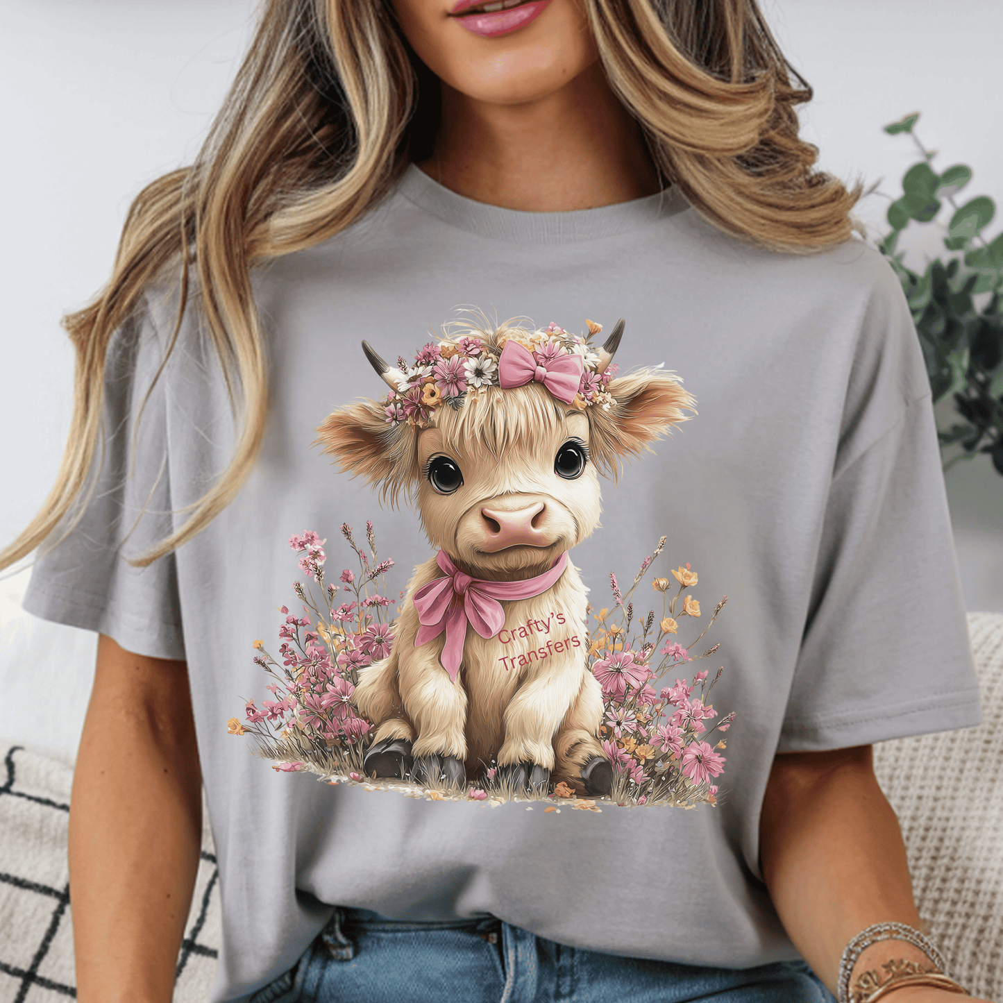 Floral Highland Cow DTF Transfer | Cute Baby Cow with Pink Bow & Wildflowers | Western Girl Graphic | Ready to Press Heat Transfer