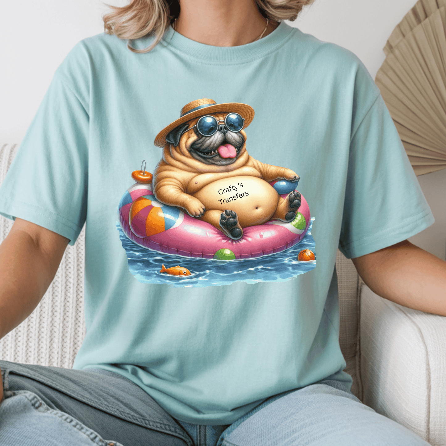 Funny Pug Summer DTF Transfer | Cute Dog Pool Float Graphic | Beach Vacation Shirt Design | Ready to Press Heat Transfer