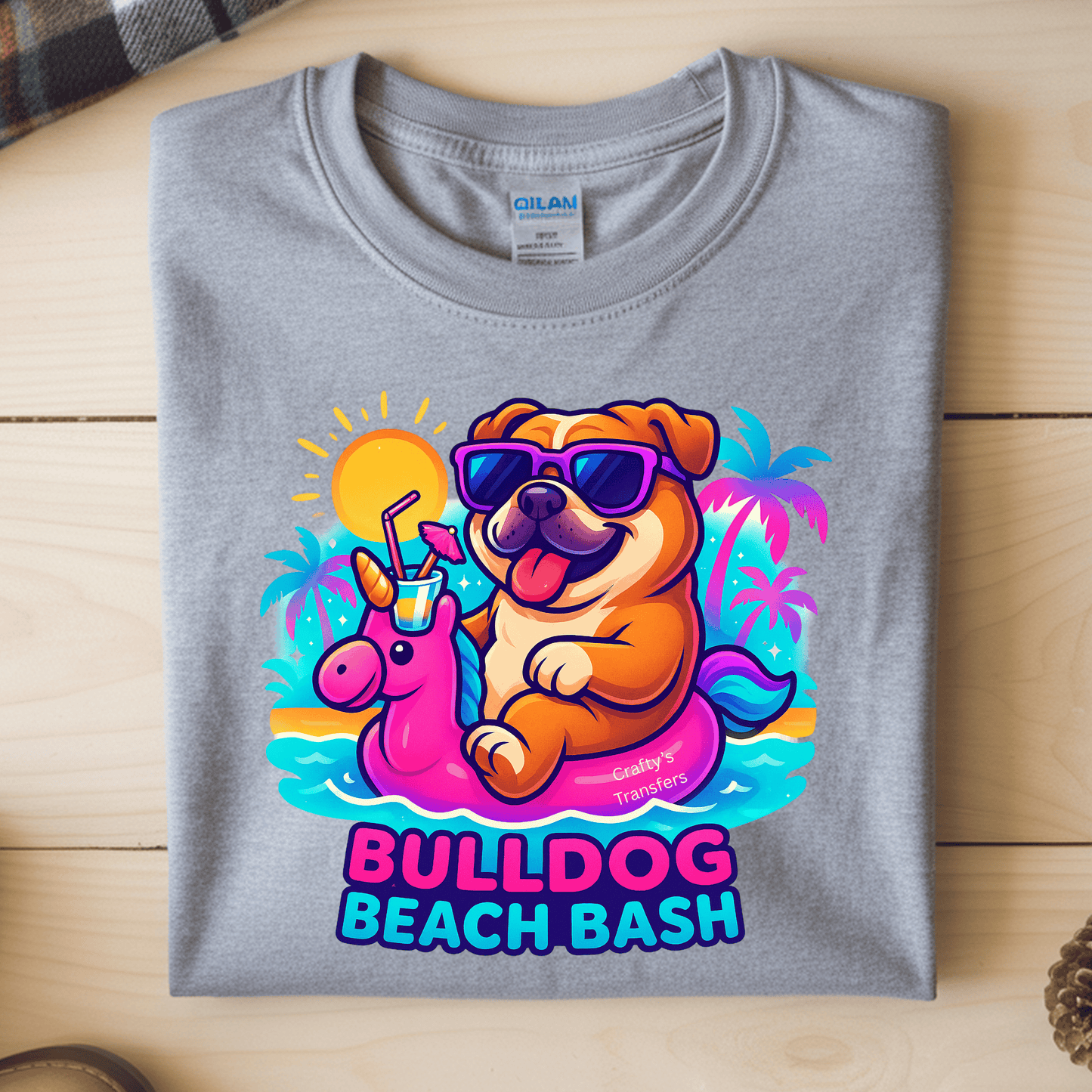 Bulldog Beach Bash DTF Transfer | Funny Summer Bulldog Graphic | Unicorn Pool Float Dog Shirt Design | Ready to Press Heat Transfer