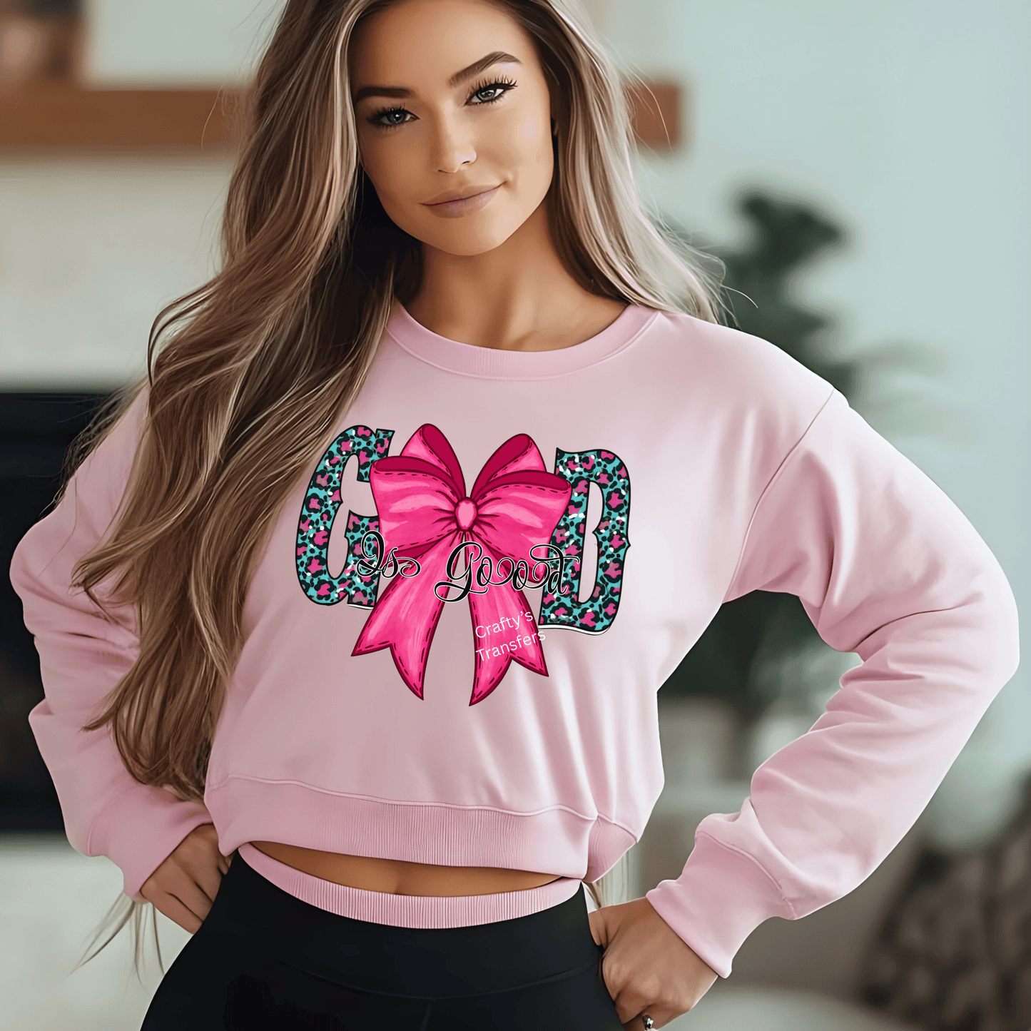 God Is Good DTF Transfer – Teal Leopard Christian Design with Hot Pink Bow – Faith Shirt Heat Transfer – Ready to Press