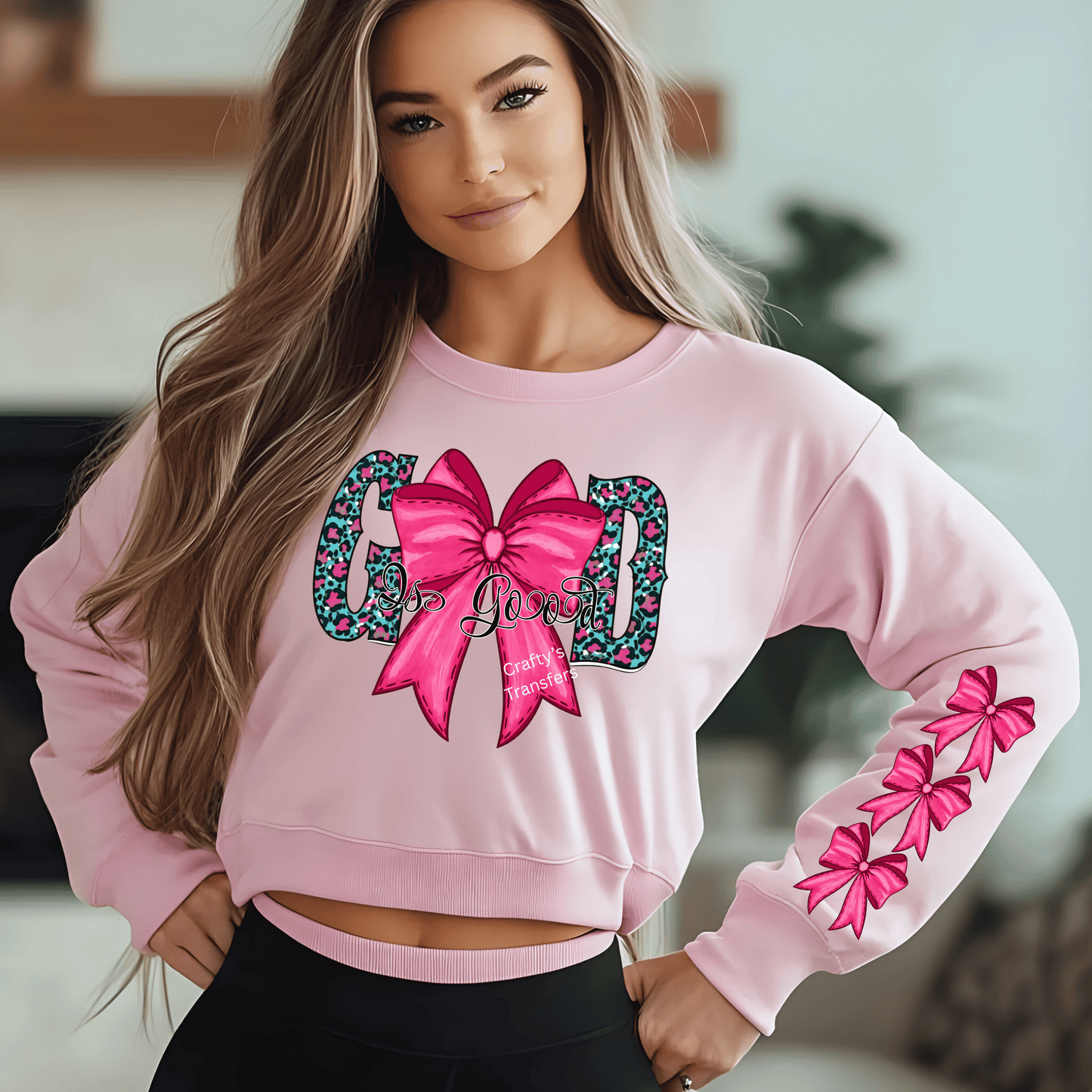 God Is Good DTF Transfer – Teal Leopard Christian Design with Hot Pink Bow – Faith Shirt Heat Transfer – Ready to Press