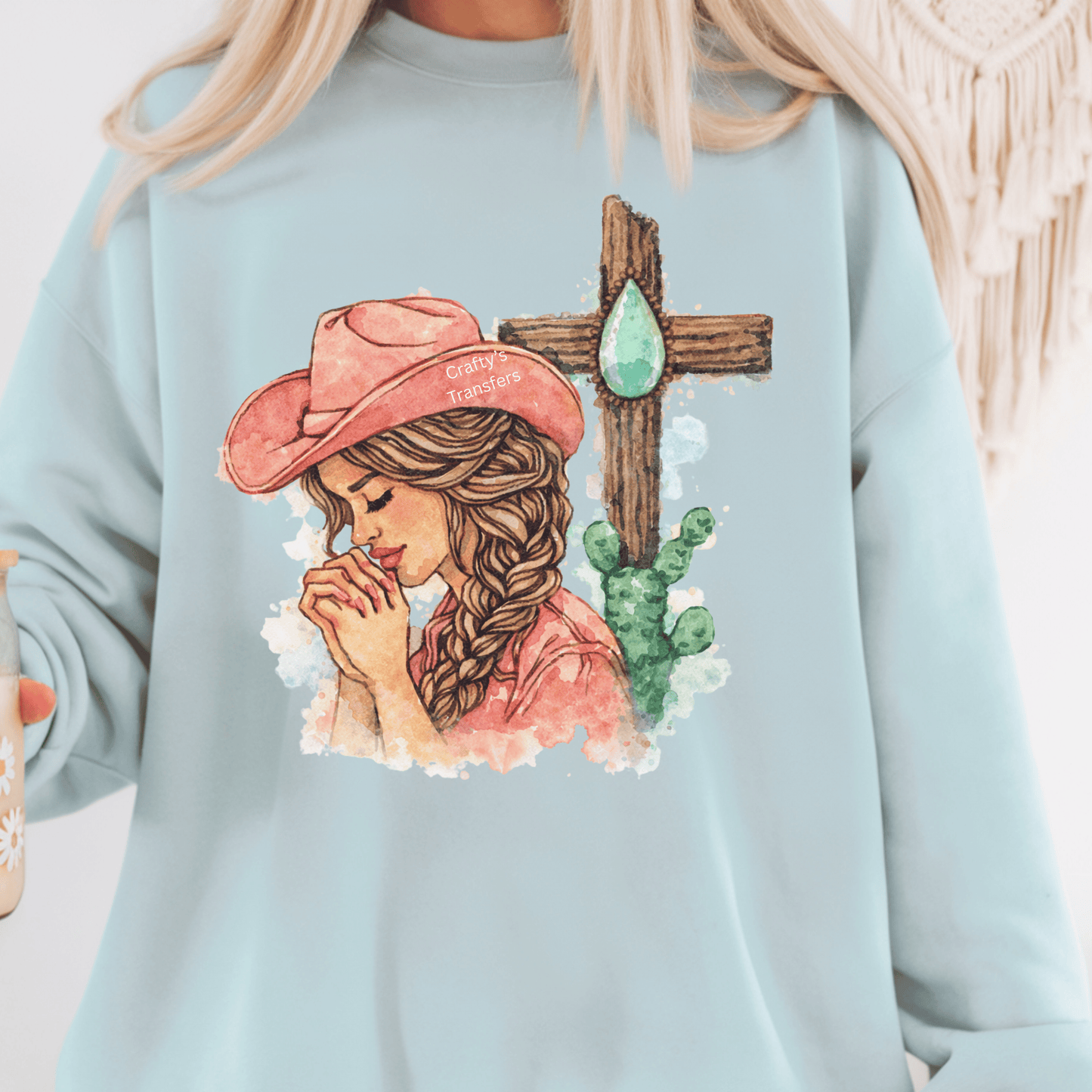 Western Praying Cowgirl DTF Transfer – Watercolor Faith Cross & Cactus – Christian Western Shirt Design – Ready to Press Heat Transfer