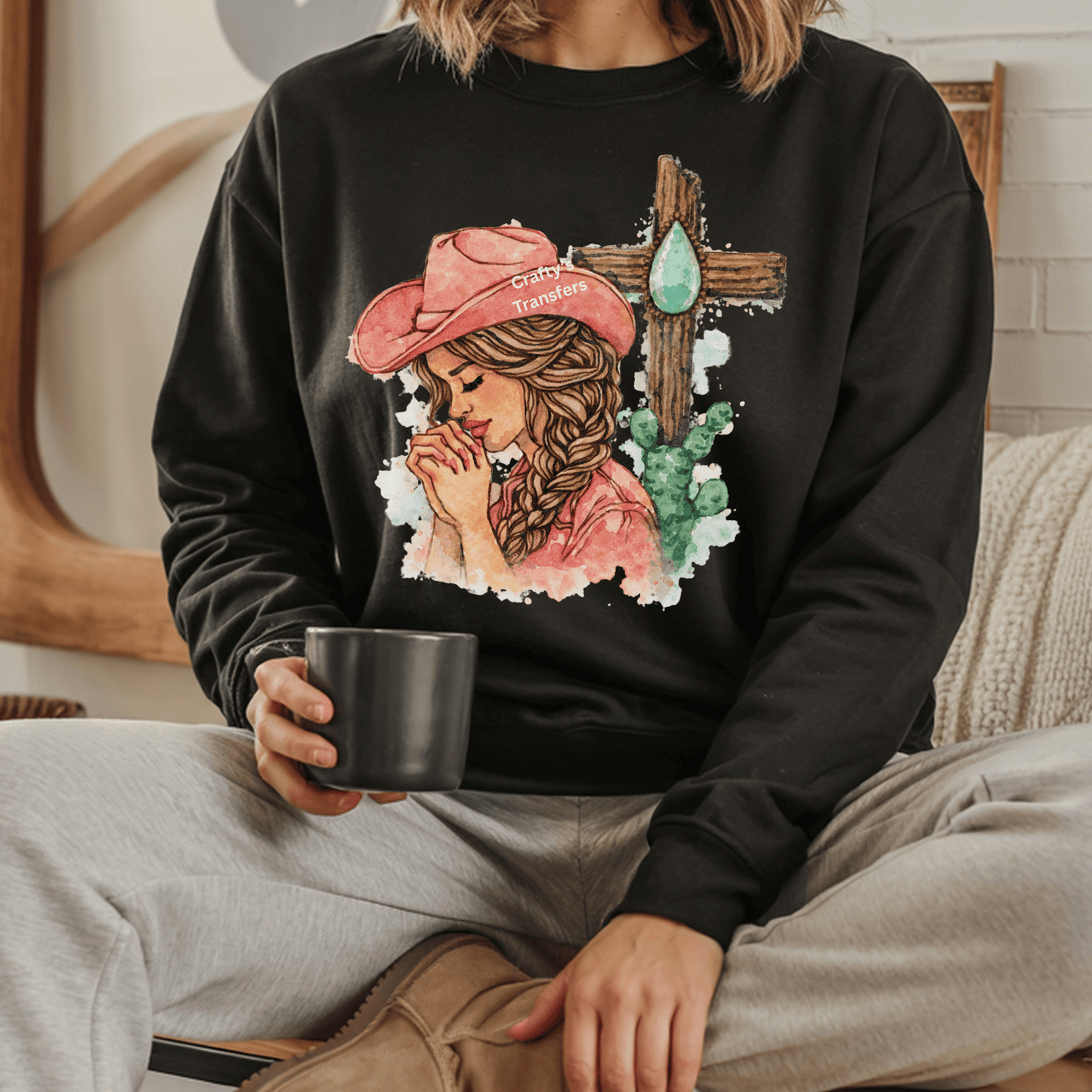 Western Praying Cowgirl DTF Transfer – Watercolor Faith Cross & Cactus – Christian Western Shirt Design – Ready to Press Heat Transfer
