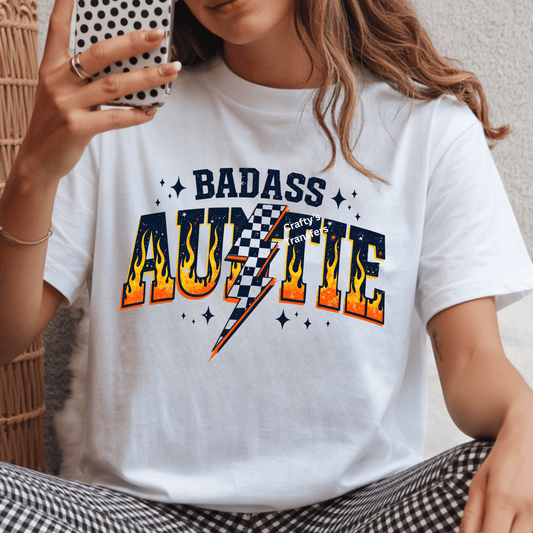 Badass Auntie DTF Transfer | Racing Checkered Flag Lightning Bolt Graphic | Flame Letter Shirt Design | Ready to Press Heat Transfer