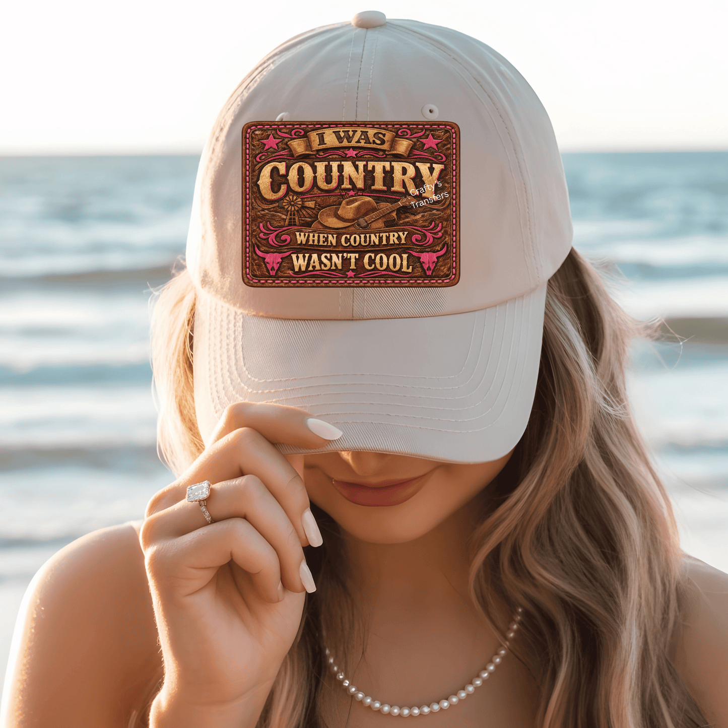 I Was Country When Country Wasn’t Cool Hat DTF Transfer – Western Leather Patch Style – Turquoise or Pink Cowgirl Hat Bar Transfer