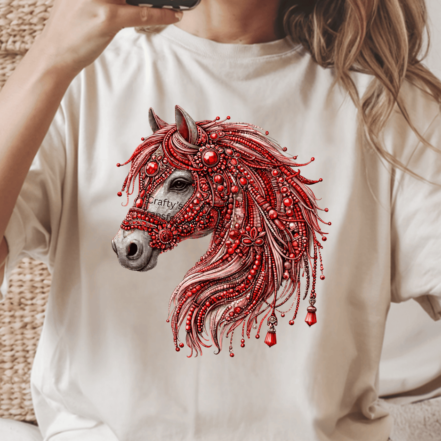 Jeweled Horse Head DTF Transfer – Boho Western Gemstone Horse Design – Red, Teal or Peach – Boutique Ready to Press Heat Transfer