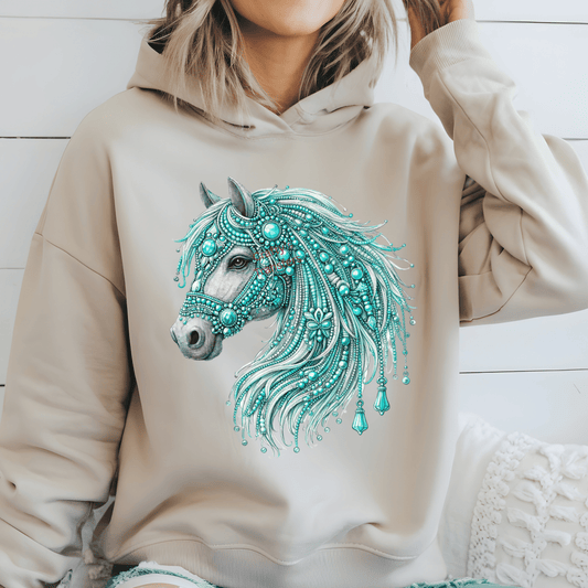 Jeweled Horse Head DTF Transfer – Boho Western Gemstone Horse Design – Red, Teal or Peach – Boutique Ready to Press Heat Transfer