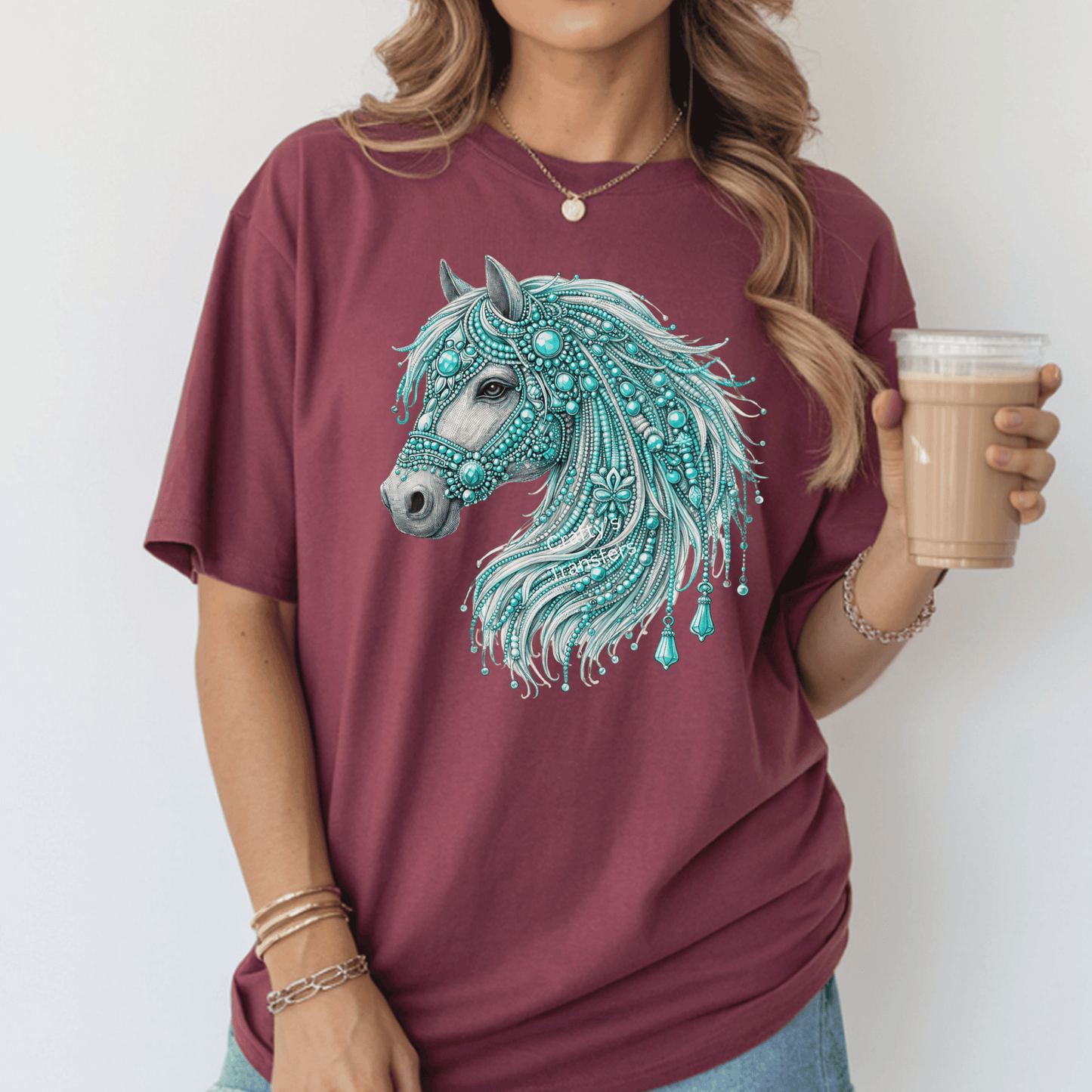 Jeweled Horse Head DTF Transfer – Boho Western Gemstone Horse Design – Red, Teal or Peach – Boutique Ready to Press Heat Transfer