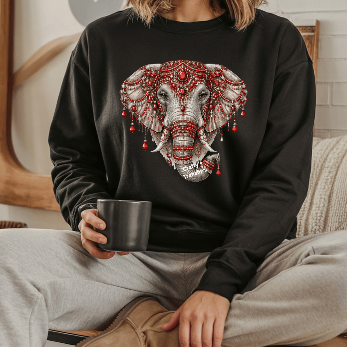 Red Jeweled Elephant DTF Transfer – Ornate Boho Elephant Head Design – Luxury Western Boutique Ready to Press Heat Transfer