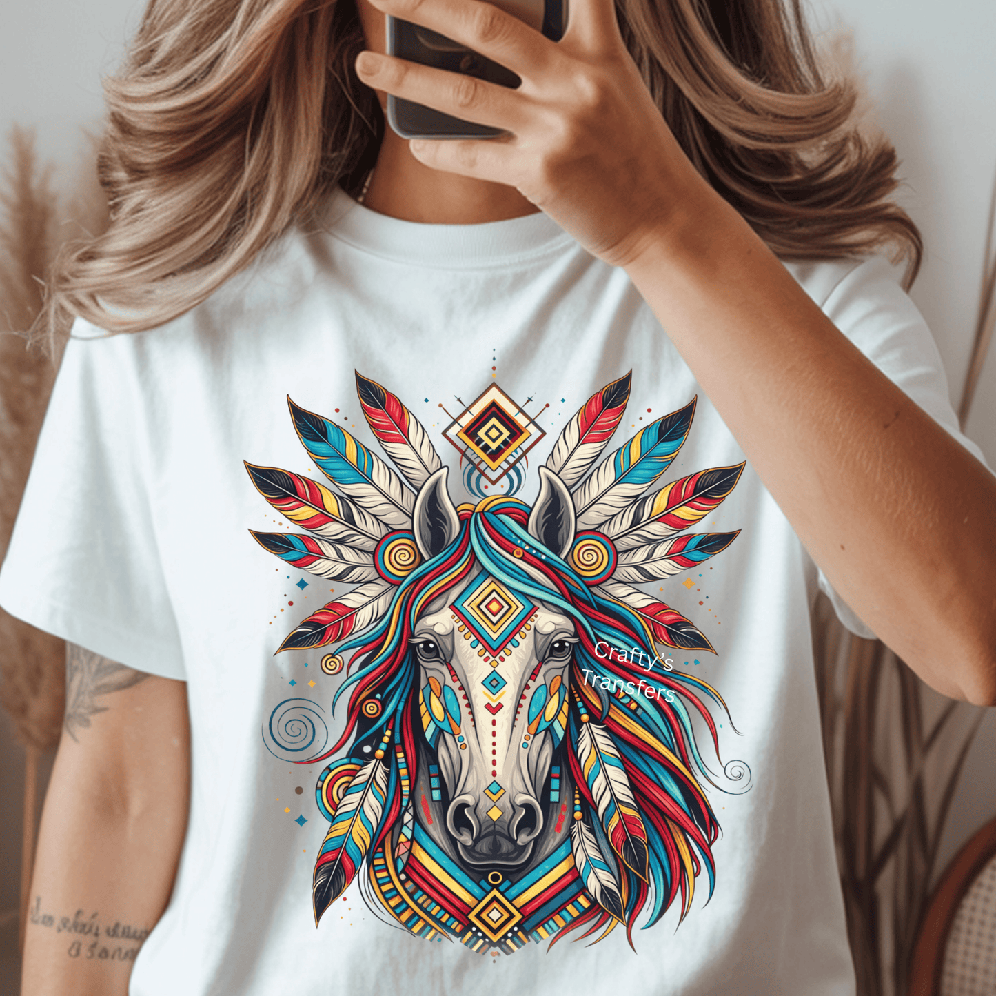 Boho Tribal Horse Head DTF Transfer – Colorful Western Feather Horse Sublimation Style Print – Ready to Press Heat Transfer