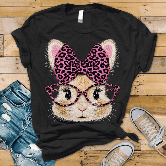 Pink Leopard Bunny DTF Transfer – Cute Easter Rabbit with Glasses & Bow – Girl Easter Shirt Ready to Press Heat Transfer