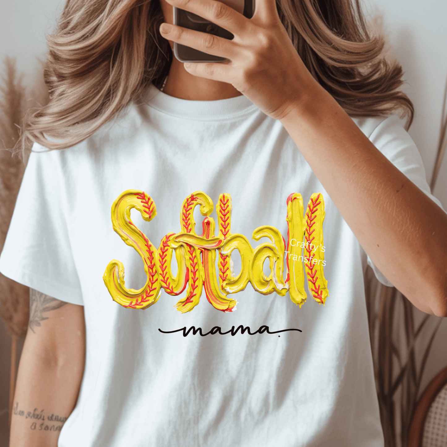 Softball Mama DTF Transfer – Yellow Paint Stroke Softball Lettering – Game Day Mom Ready to Press Heat Transfer