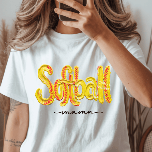 Softball Mama DTF Transfer – Yellow Paint Stroke Softball Lettering – Game Day Mom Ready to Press Heat Transfer