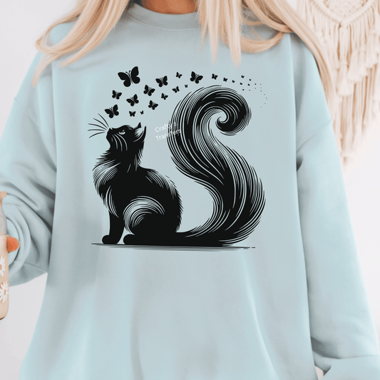Black Cat Silhouette DTF Transfer – Cat with Butterflies Graphic – Minimalist Aesthetic Ready to Press Heat Transfer