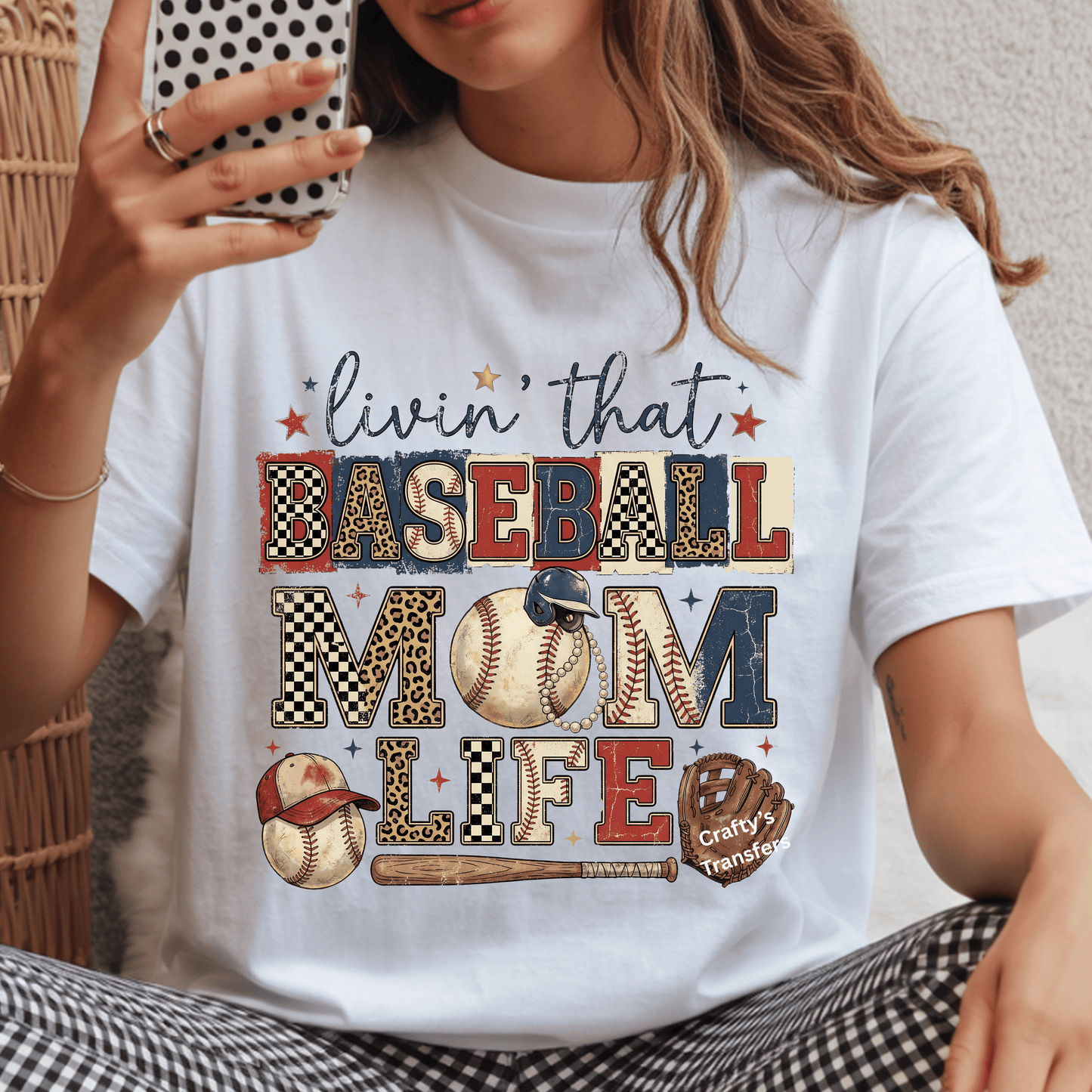 Livin’ That Baseball Mom Life DTF Transfer – Vintage Checkered Leopard Baseball Shirt Design – Game Day Ready to Press Heat Transfer