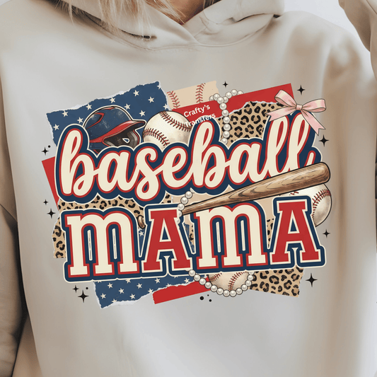 Baseball Mama DTF Transfer – Patriotic Leopard Game Day Shirt Design – Red White Blue Baseball Mom Ready to Press Heat Transfer